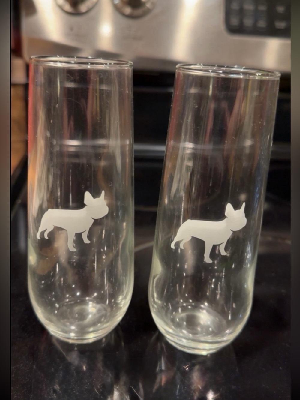 Set of 2 Etched French Bulldog Champagne Flutes - Clear Glass
